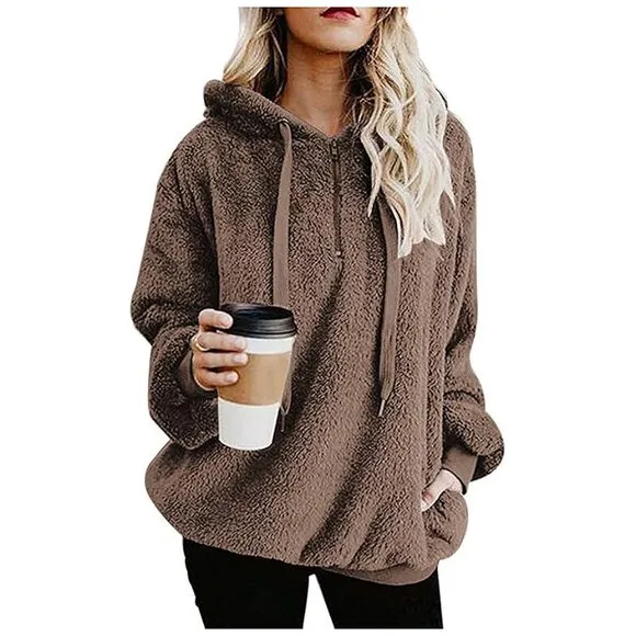 Women's Fuzzy Hoodies Sport Pullover Hoodie Brown