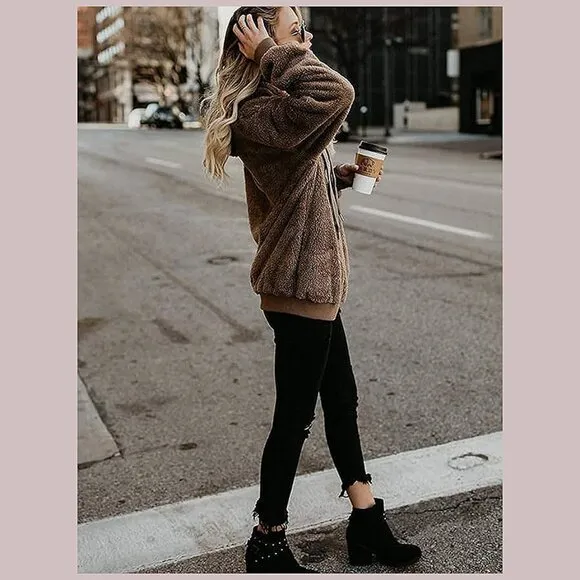 Women's Fuzzy Hoodies Sport Pullover Hoodie Brown