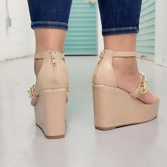 Women's Gold Chain High Wedge Platform Nude Color‎