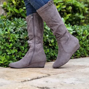 Women's Gray Wrinkle Finish Calf Length Pull On Boots Rounded Toe