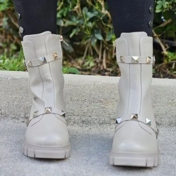 Women's Grey Pyramid Stud Ankle Combat Boot