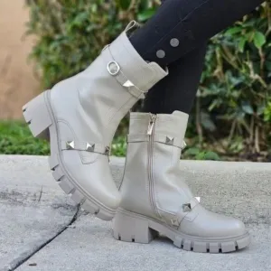 Women's Grey Pyramid Stud Ankle Combat Boot