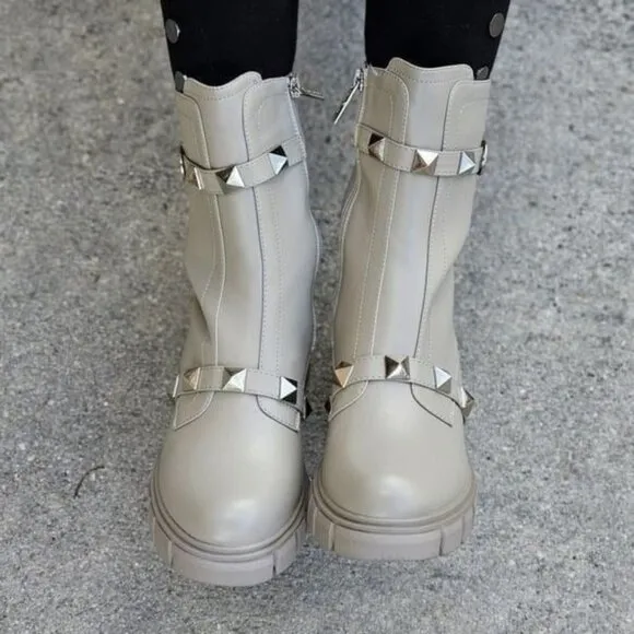 Women's Grey Pyramid Stud Ankle Combat Boot