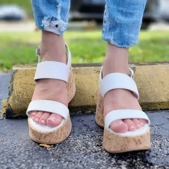 Women's High Platform Ankle Strap Wedge White Color