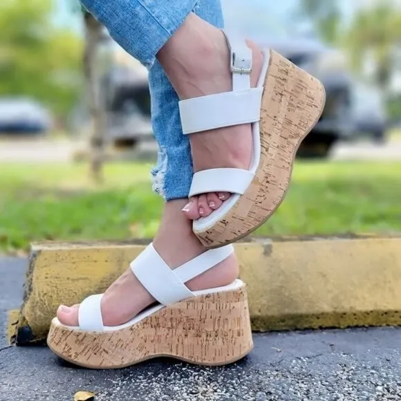 Women's High Platform Ankle Strap Wedge White Color