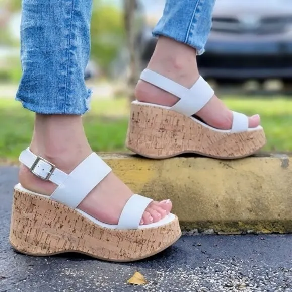 Women's High Platform Ankle Strap Wedge White Color