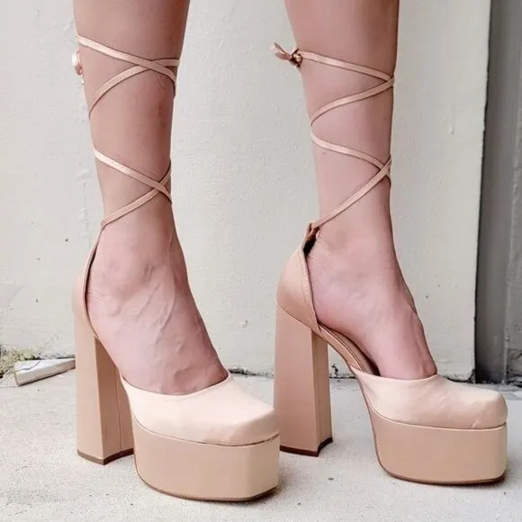 Womens Lace Up High Heels Platform Sandals Champagne Color