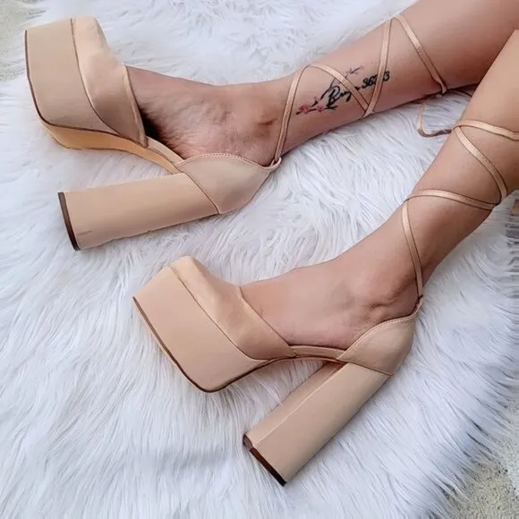 Womens Lace Up High Heels Platform Sandals Champagne Color