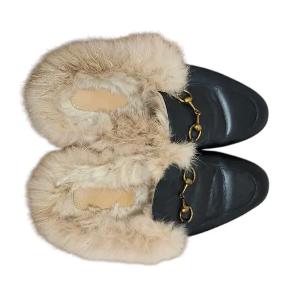 Women's Leather Loafers Rabbit Lined Leather Backless Loafers Size 7