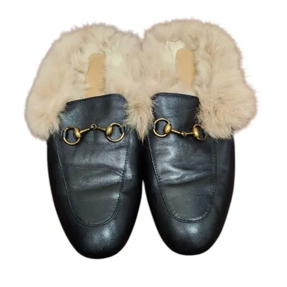 Women's Leather Loafers Rabbit Lined Leather Backless Loafers Size 7