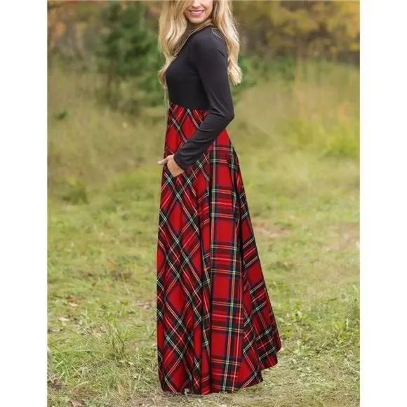 Women's Long Sleeve Plaid Empire‎ Waist Full Length Maxi Dress with Pockets