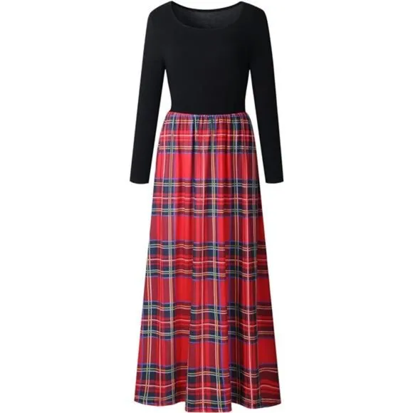 Women's Long Sleeve Plaid Empire‎ Waist Full Length Maxi Dress with Pockets