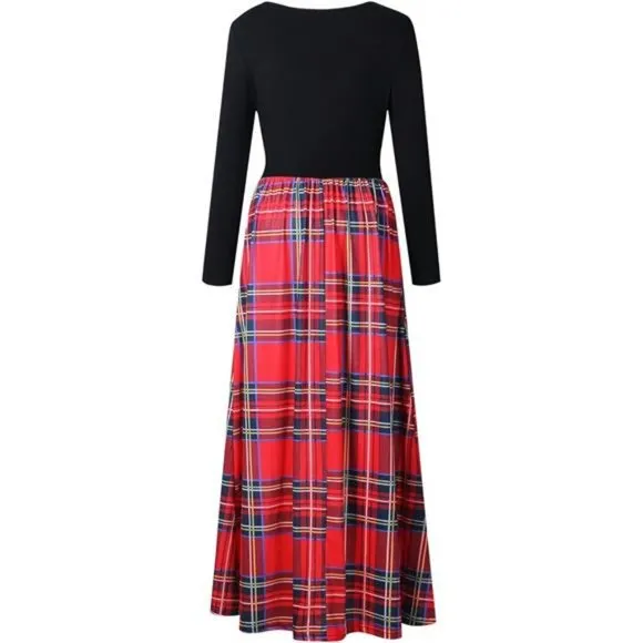 Women's Long Sleeve Plaid Empire‎ Waist Full Length Maxi Dress with Pockets