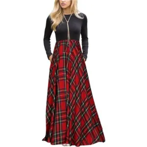 Women's Long Sleeve Plaid Empire‎ Waist Full Length Maxi Dress with Pockets