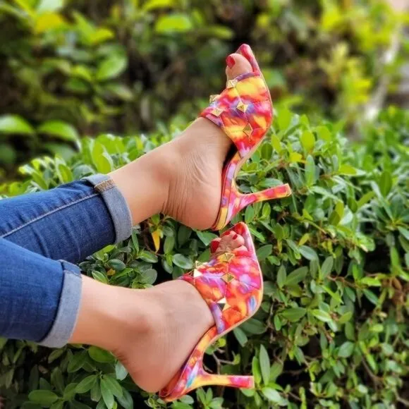 Women's Multi‎ Color Roman Stud Quilted Slide High Heel Sandals