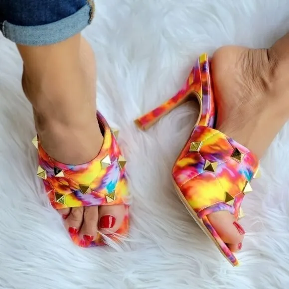 Women's Multi‎ Color Roman Stud Quilted Slide High Heel Sandals