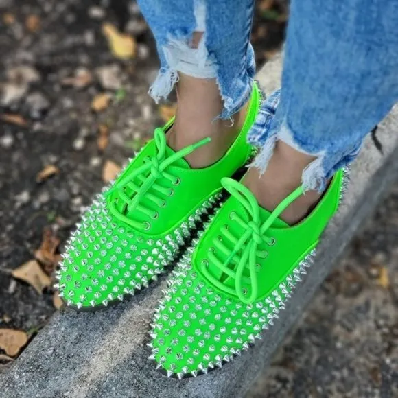 Women's Neon Green Silver Studded Lace Up Flat Oxford Shoes