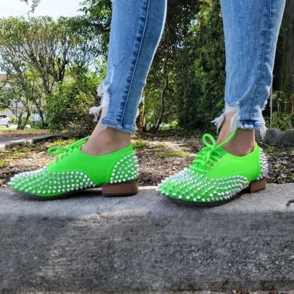 Women's Neon Green Silver Studded Lace Up Flat Oxford Shoes