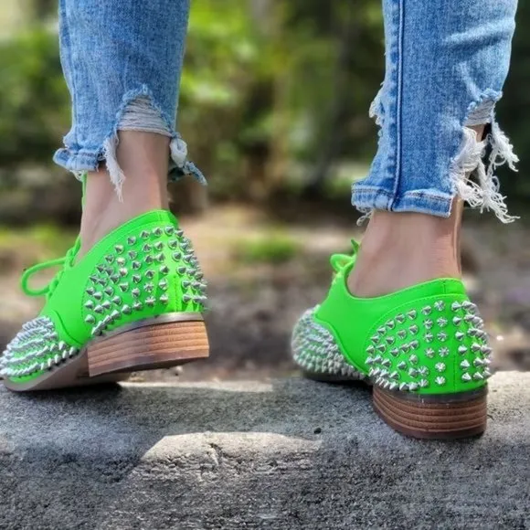 Women's Neon Green Silver Studded Lace Up Flat Oxford Shoes