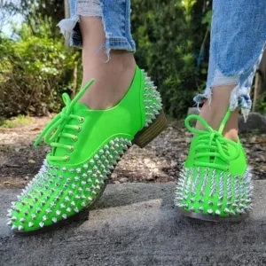 Women's Neon Green Silver Studded Lace Up Flat Oxford Shoes
