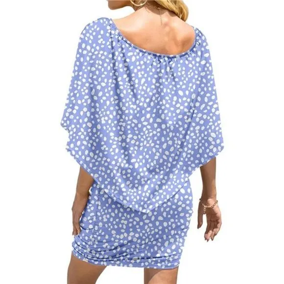 Women's Off Shoulder Ruffle Bodycon Club Dress, Spotted Blue