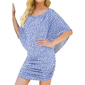 Women's Off Shoulder Ruffle Bodycon Club Dress, Spotted Blue