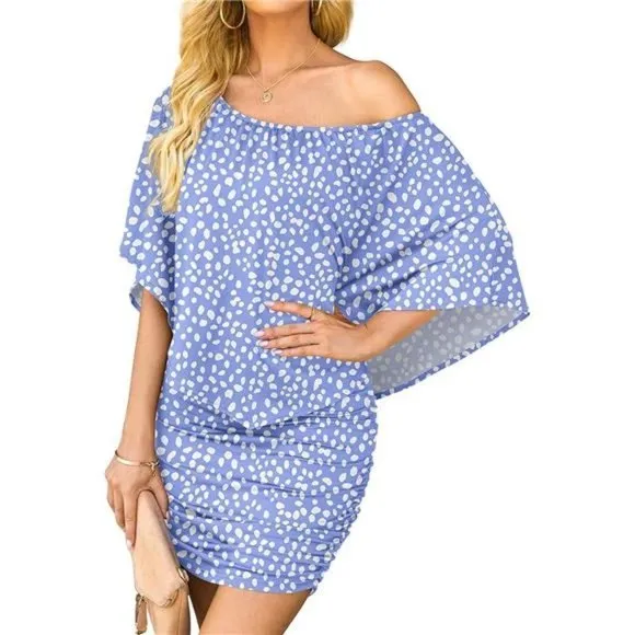 Women's Off Shoulder Ruffle Bodycon Club Dress, Spotted Blue