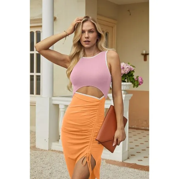 Women's Organe Cutout Crew Neck Sleeveless Tank Slit Ribbed Bodycon Midi Dresses