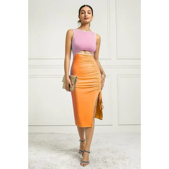 Women's Organe Cutout Crew Neck Sleeveless Tank Slit Ribbed Bodycon Midi Dresses