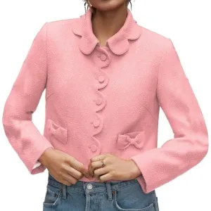 Women's Petal Bow Tweed Blazers Long Sleeve Cropped Fall Open Front