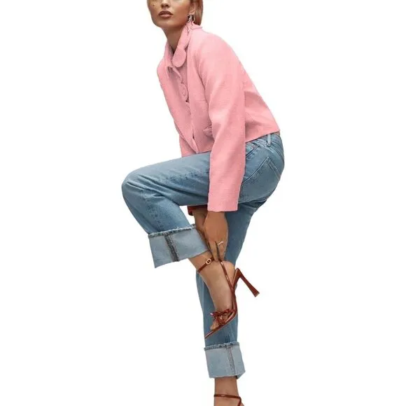 Women's Petal Bow Tweed Blazers Long Sleeve Cropped Fall Open Front