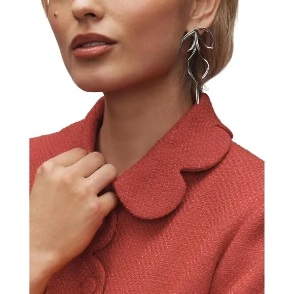 Women's Petal Red Bow Tweed Blazers Long Sleeve Cropped Fall Open Front