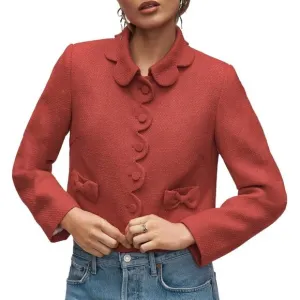Women's Petal Red Bow Tweed Blazers Long Sleeve Cropped Fall Open Front