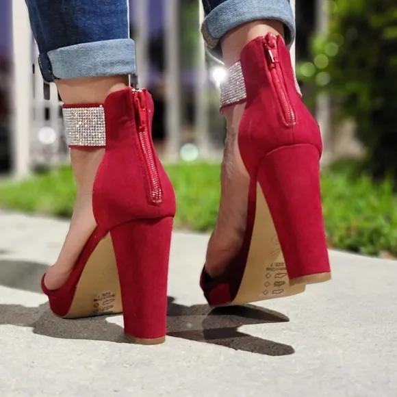 Women's Rhinestone Ankle Band Chunky High Heels Wine Color