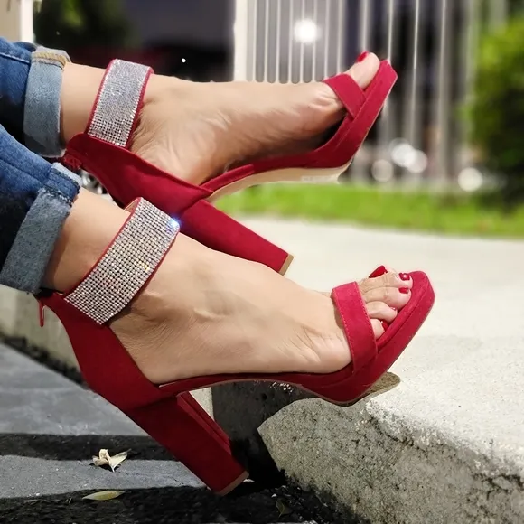 Women's Rhinestone Ankle Band Chunky High Heels Wine Color