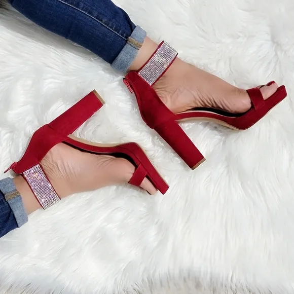 Women's Rhinestone Ankle Band Chunky High Heels Wine Color