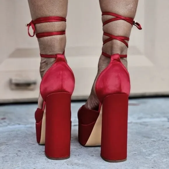 Womens Satin Platform Chunky Lace Up Heels Red Color‎