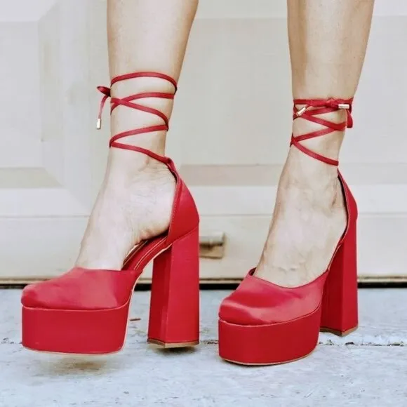 Womens Satin Platform Chunky Lace Up Heels Red Color‎
