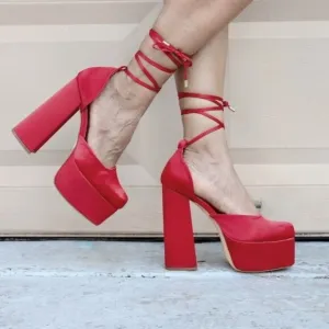 Womens Satin Platform Chunky Lace Up Heels Red Color‎