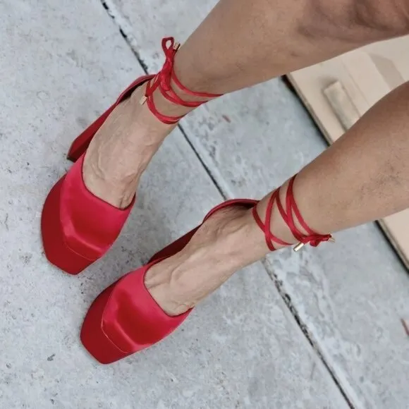 Womens Satin Platform Chunky Lace Up Heels Red Color‎