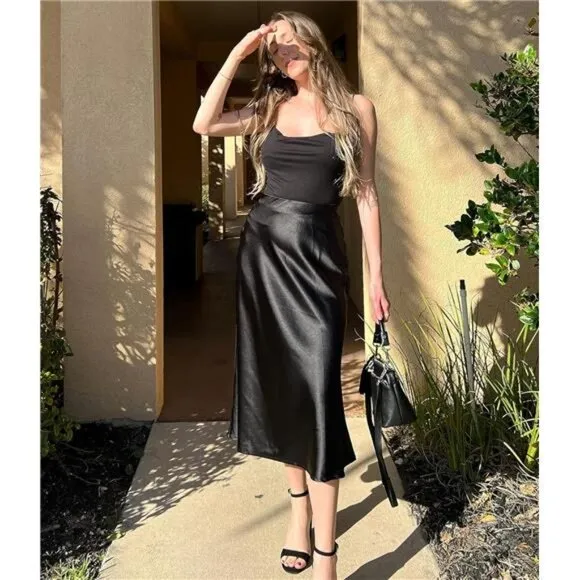 Womens Satin Skirts Zipper Elegant Black