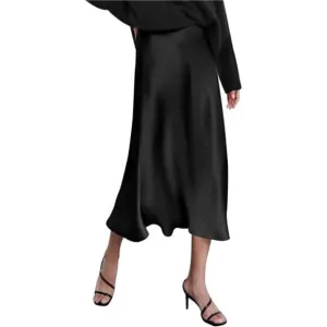Womens Satin Skirts Zipper Elegant Black