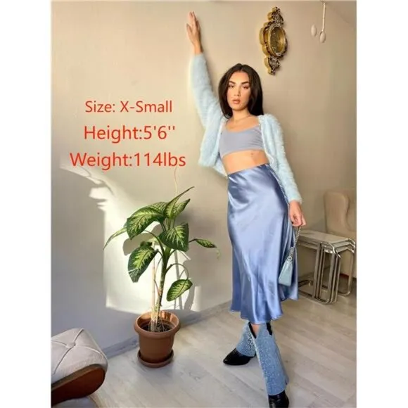 Womens Satin Skirts Zipper Elegant Blue