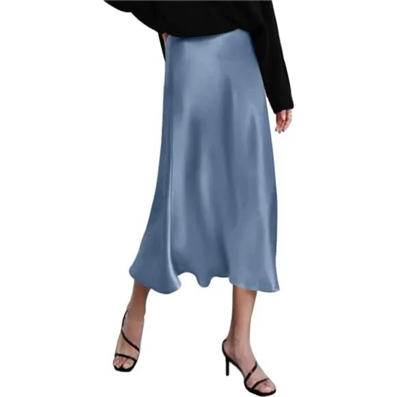 Womens Satin Skirts Zipper Elegant Blue