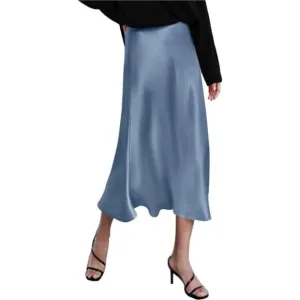 Womens Satin Skirts Zipper Elegant Blue