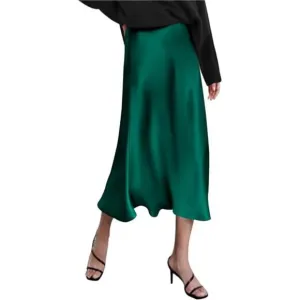 Womens Satin Skirts Zipper Elegant Green