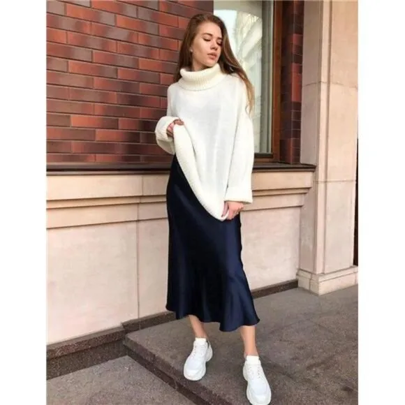 Womens Satin Skirts Zipper Elegant Navy Blue