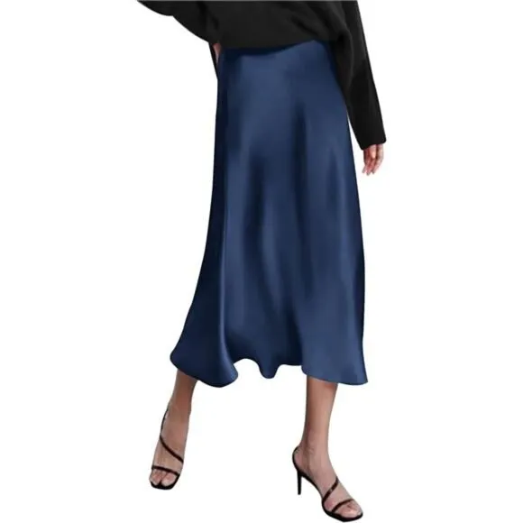 Womens Satin Skirts Zipper Elegant Navy Blue