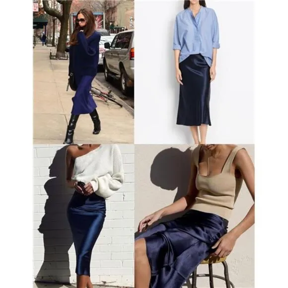 Womens Satin Skirts Zipper Elegant Navy Blue