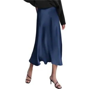 Womens Satin Skirts Zipper Elegant Navy Blue